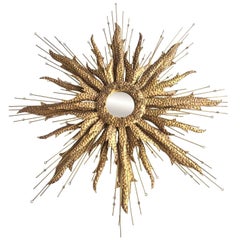 Large Detailed Brass Sunburst Brutalist Style Circular Mirror Solid Brass