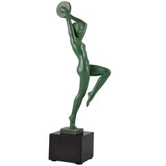 French Art Deco Sculpture Dancing Nude by Raymonde Guerbe, Marble Base, 1930