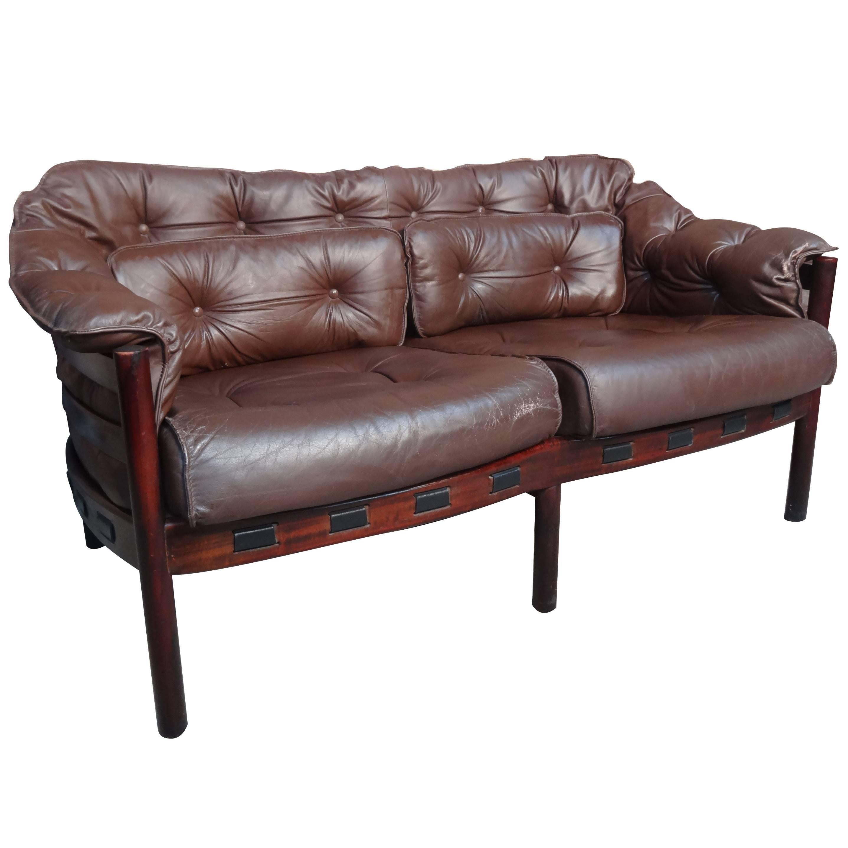 Danish Rosewood Arne Norell Brown Vintage Retro 1960's Leather Sofa