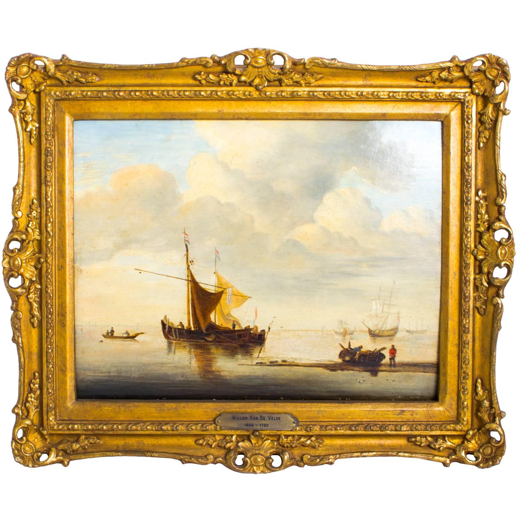 Antique Oil Painting Dutch Shipping Scene van der Velde Jr