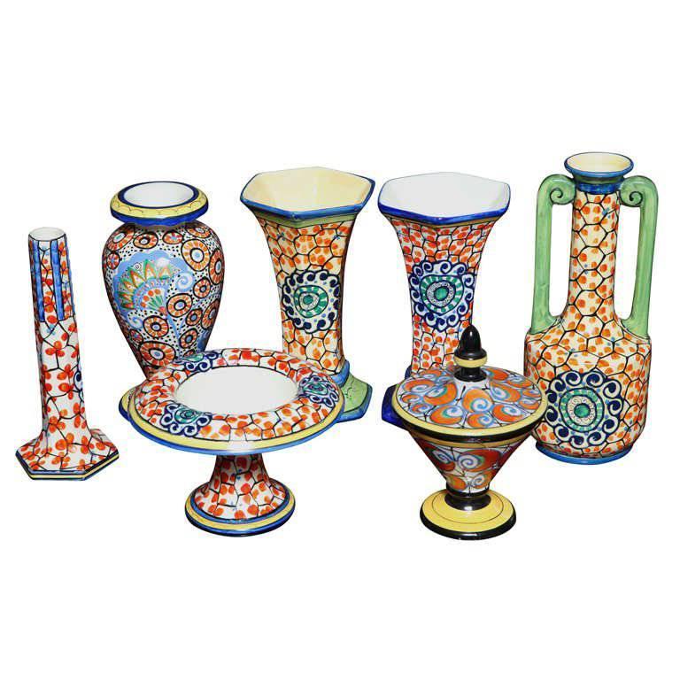 Grouping of Colorful HandPainted Czechoslovakian Ceramics For Sale at