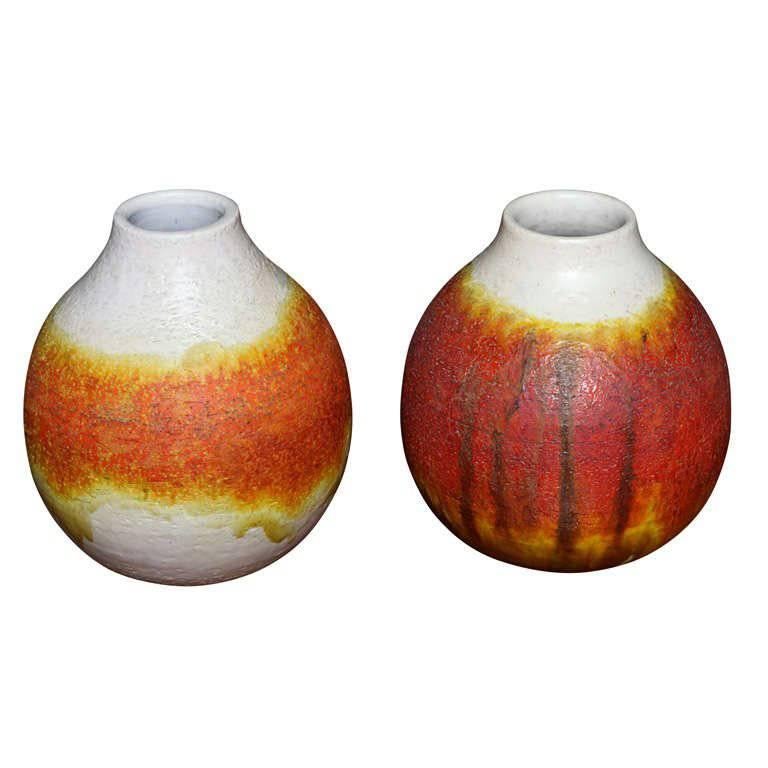 Pair of Signed Fantoni Orange Glazed Pottery Vessels For Sale