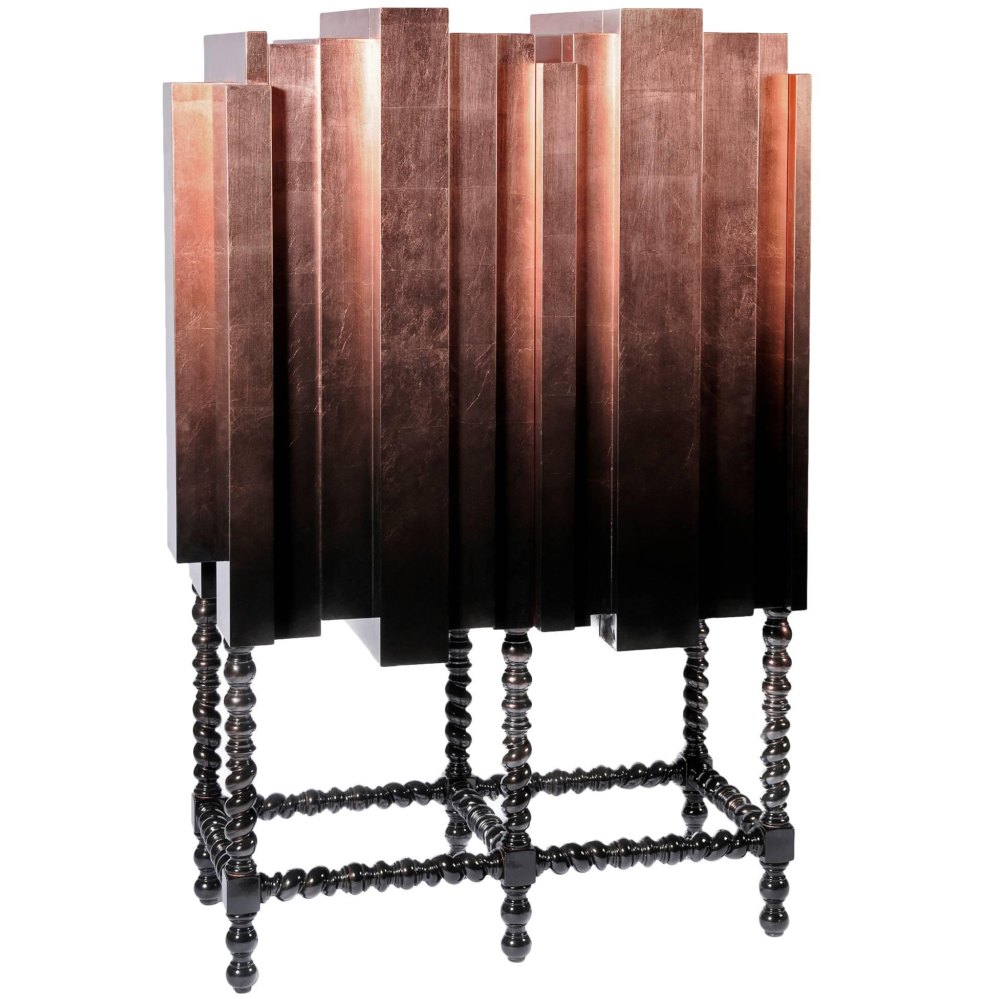 Dali Copper Cabinet Solid Mahogany Copper Leaf and Black Laquered For Sale