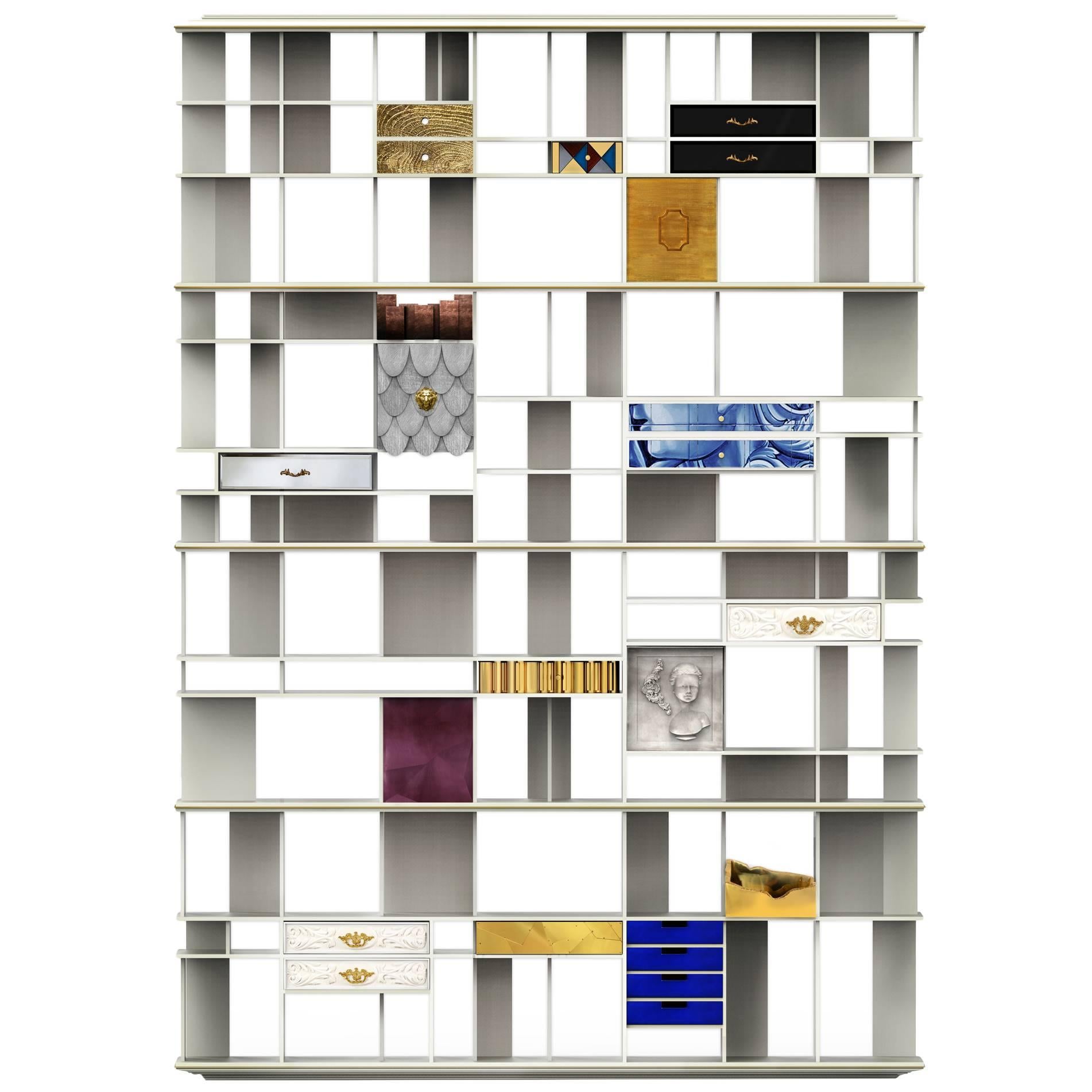 Designed Bookcase Lacquered Wood Ceramics Silver and Copper Leaf For Sale