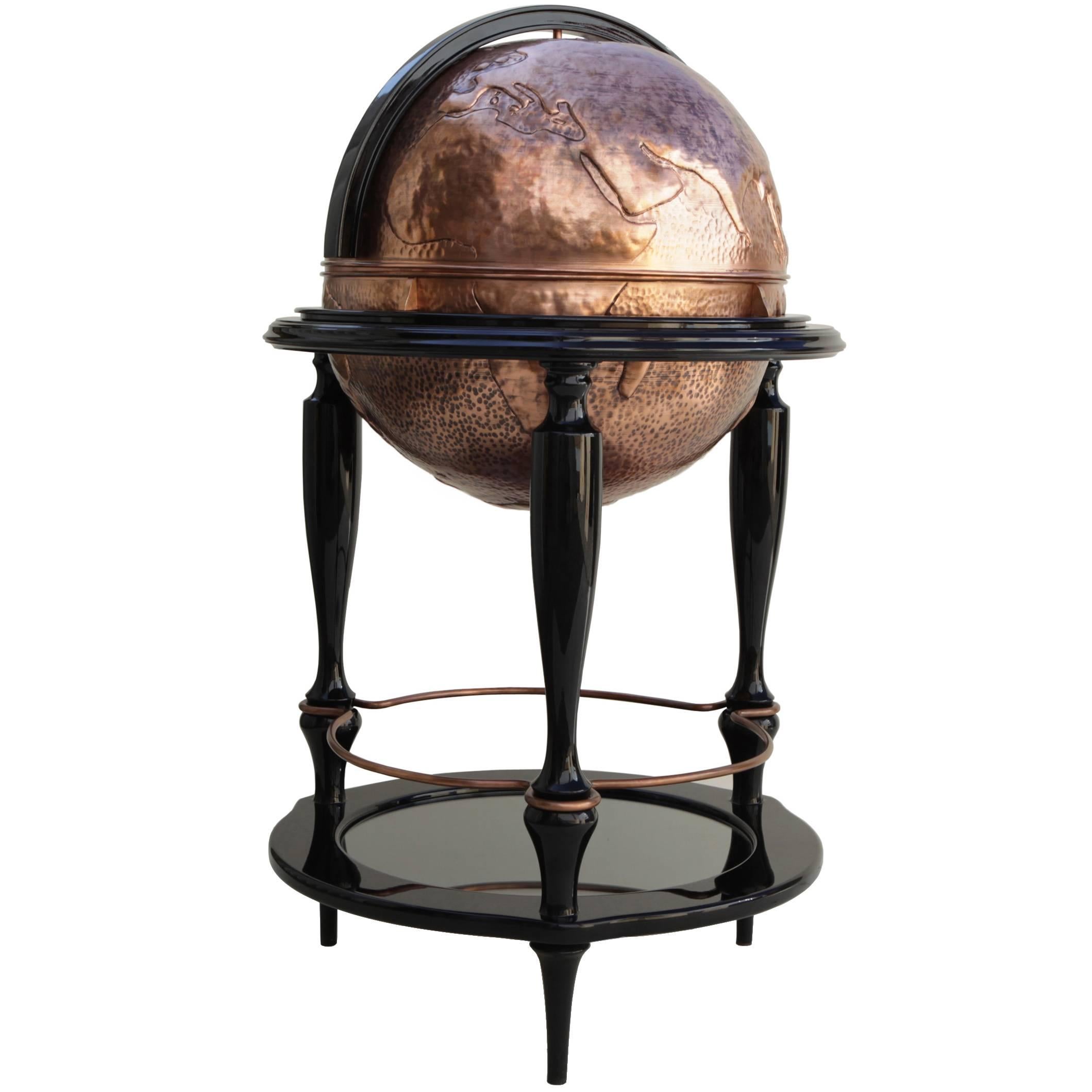 Planisphere Copper Bar Hand-Hammered Black Lacquered Wood and Glass