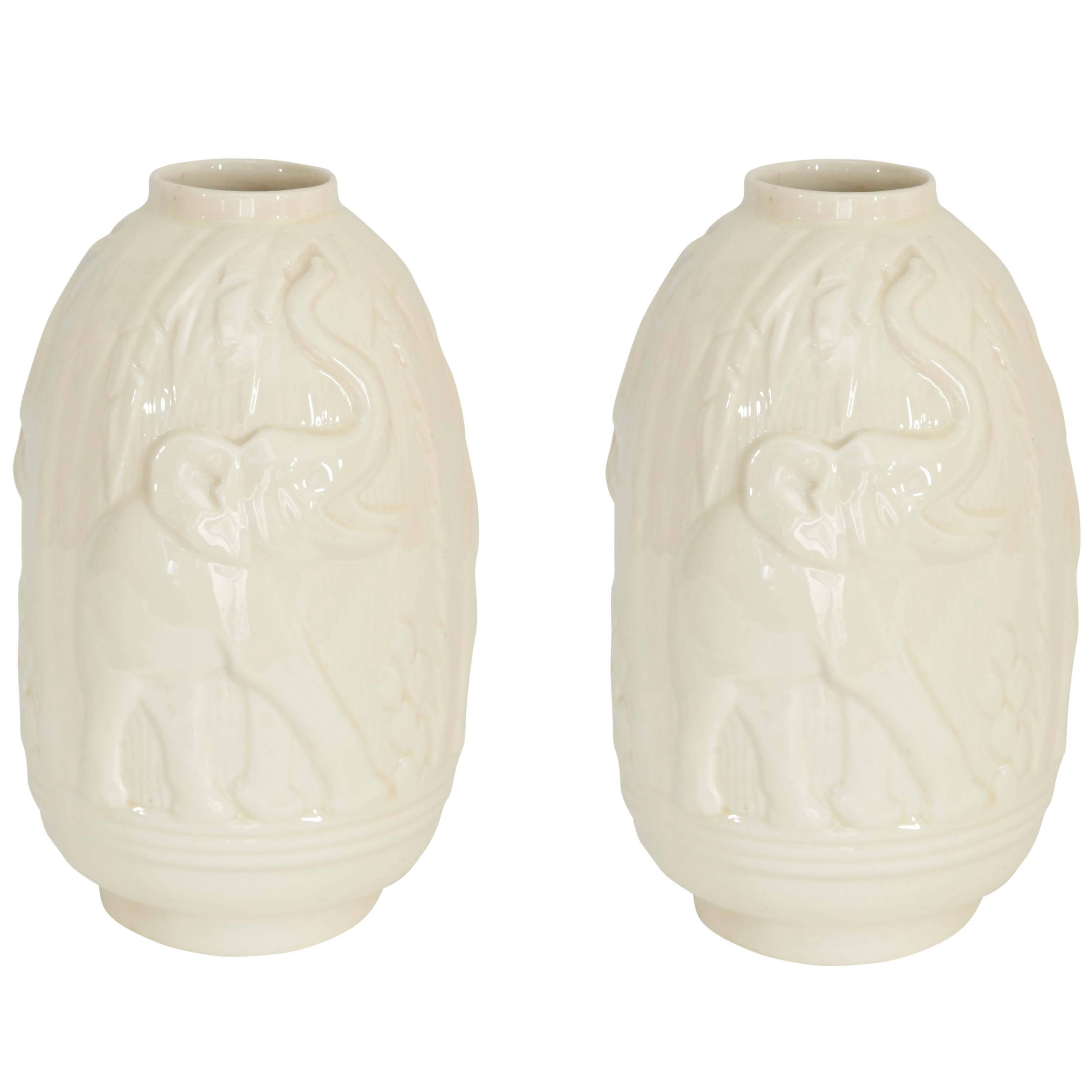 Pair of Boch La Louviere Ceramic Vases with Elephants