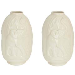 Pair of Boch La Louviere Ceramic Vases with Elephants