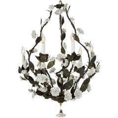 Mid-Century Italian Tole Chandelier with White Porcelain Flowers