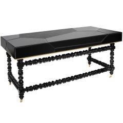 Queen Desk with Black Lacquered Mirror and Leather Top Gold Leaf Details