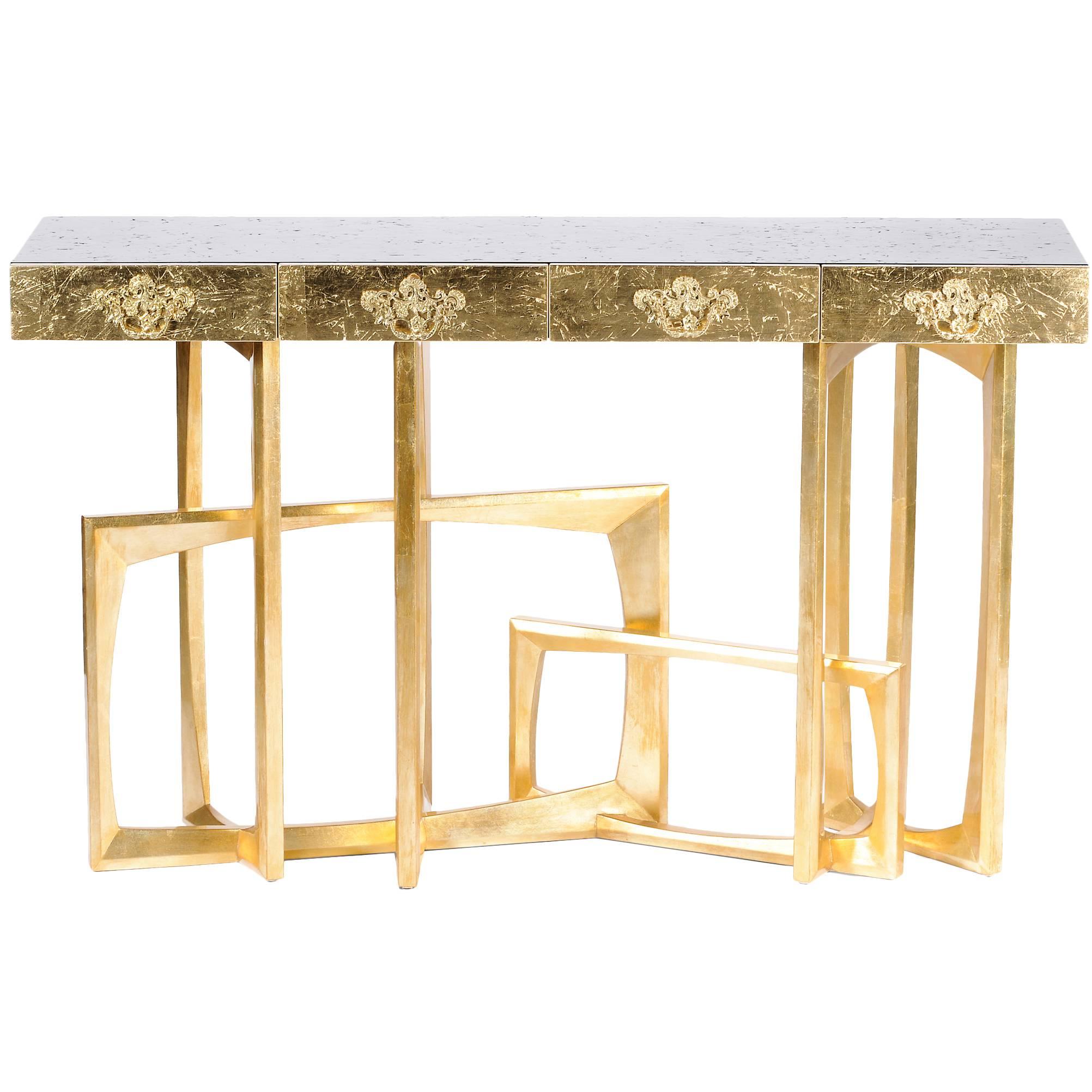 Gold Frame Console in Solid Mahogany Gold Leaf and Lacquered For Sale