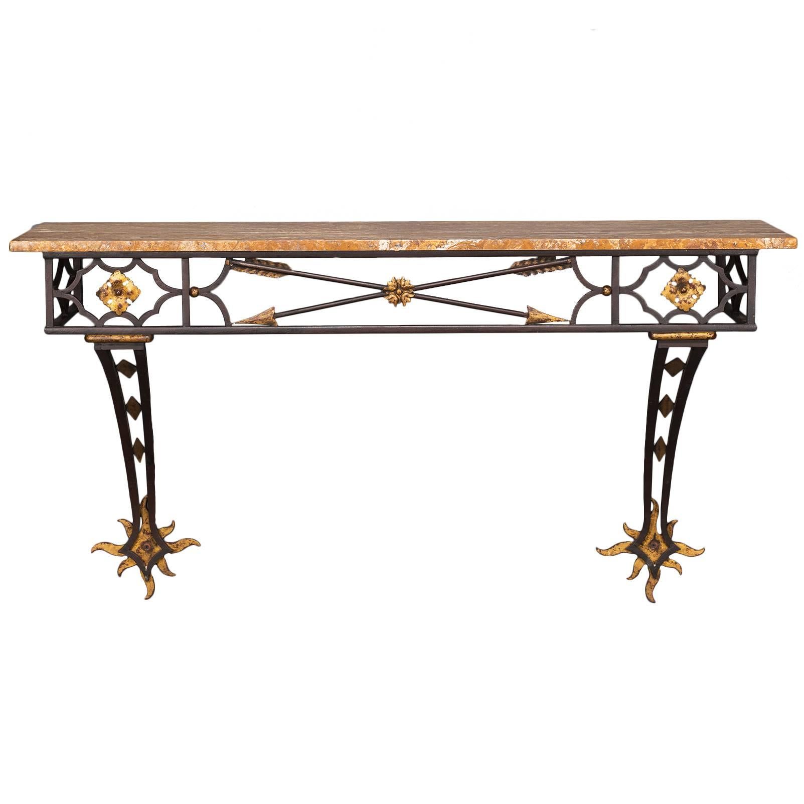 Vintage French Art Deco Gilded Iron Console Table Stone Top, circa 1930