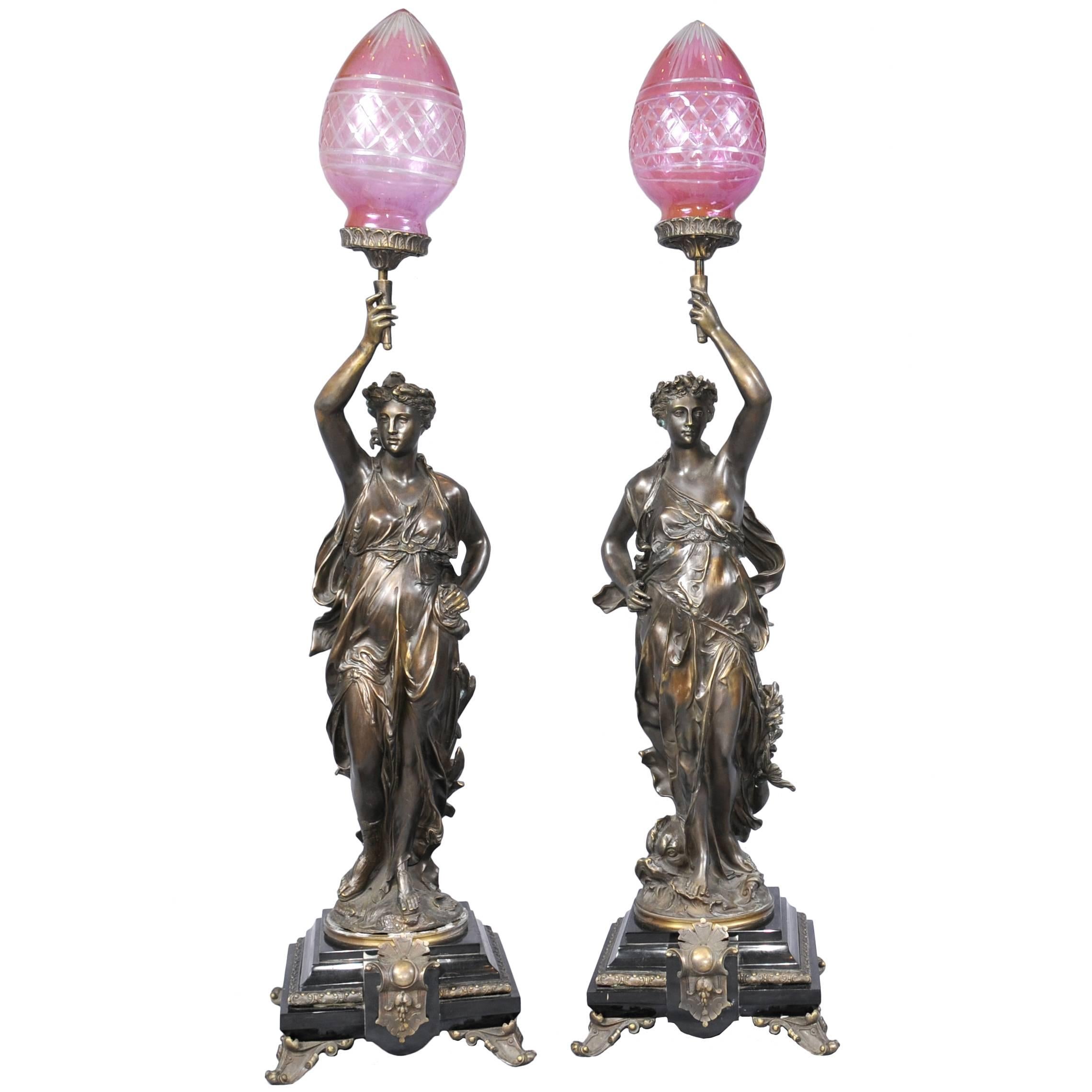Pair of Bronze Lights, Signed Gregoire Statue Liberty Torcheres For Sale