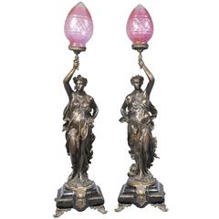 Pair of Bronze Lights, Signed Gregoire Statue Liberty Torcheres