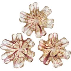 Murano Purple Swirl Gold Flecks Italian Art Glass Flower Shape Bowl Set 2