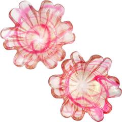 Murano Pink Swirl Gold Flecks Italian Art Glass Flower Shape Bowl Set