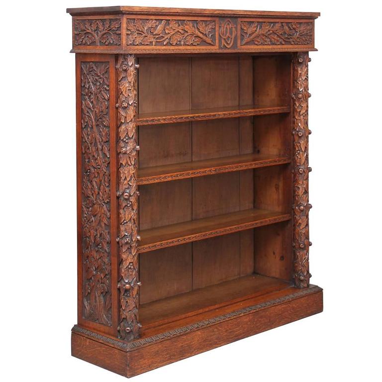 19th Century Carved Oak Victorian Open Bookcase at 1stDibs