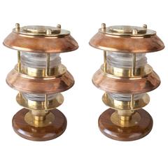 Pair of Ship's Copper and Brass Fresnel Light Post Lights
