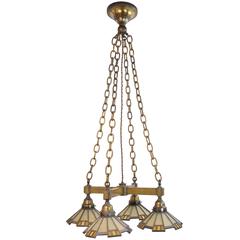 Cast Brass Mission Chandelier with Four Art Glass Shades, circa 1908