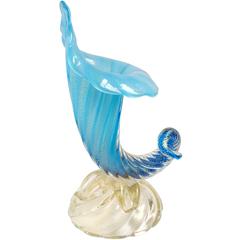 Archimede Seguso Murano Blue Opal Gold Flecks Italian Art Glass Vase 1