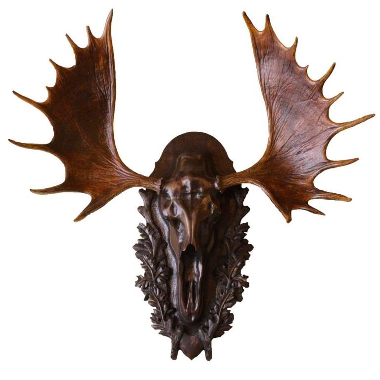 European Style Carved Wooden Moose Skull Mount with Shed Antlers at