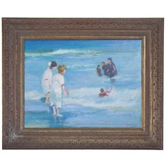 American Impressionist Oil on Canvas of Ocean Play