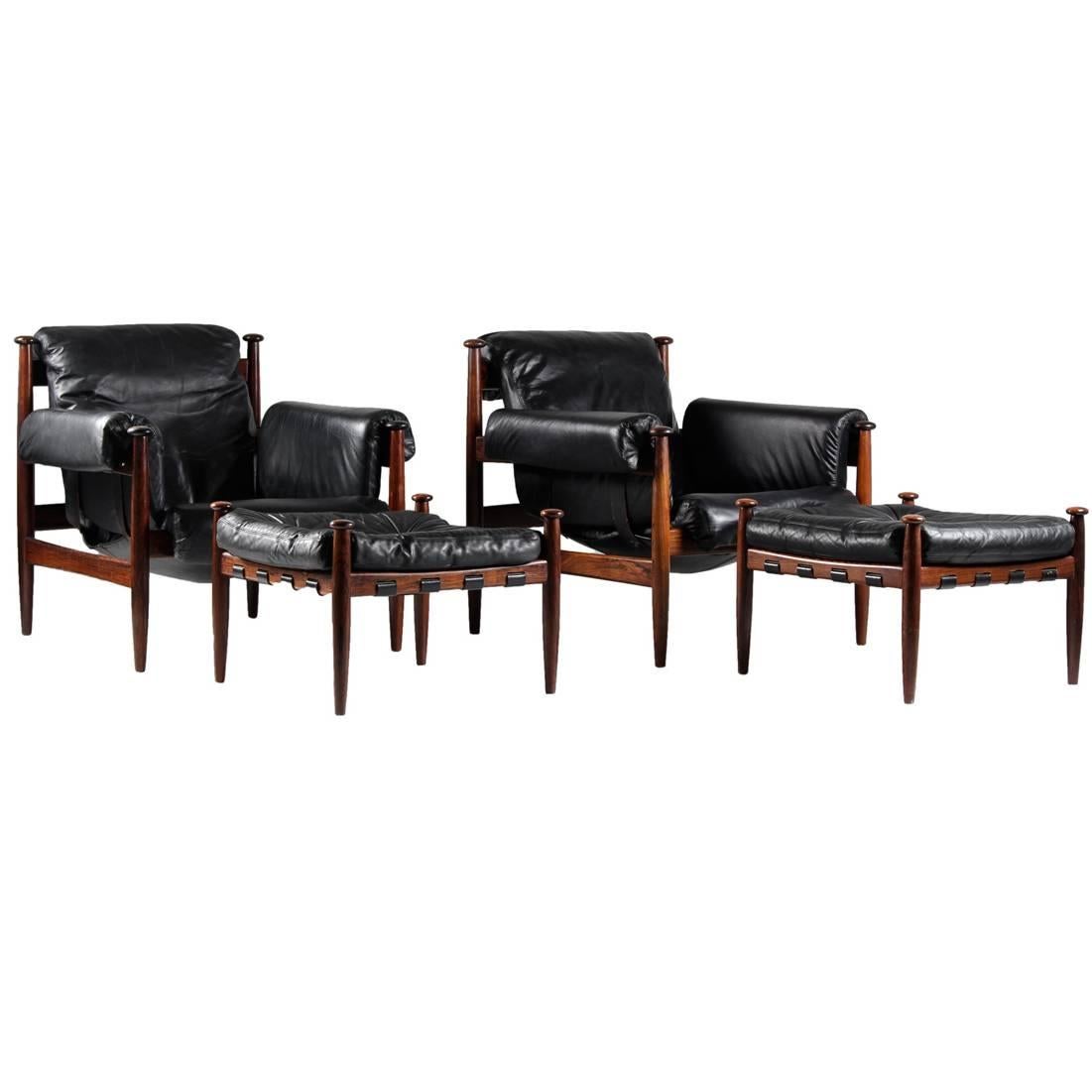 Pair of Scandinavian Leather and Rosewood Lounge Chairs by Eric Merthen for Ire