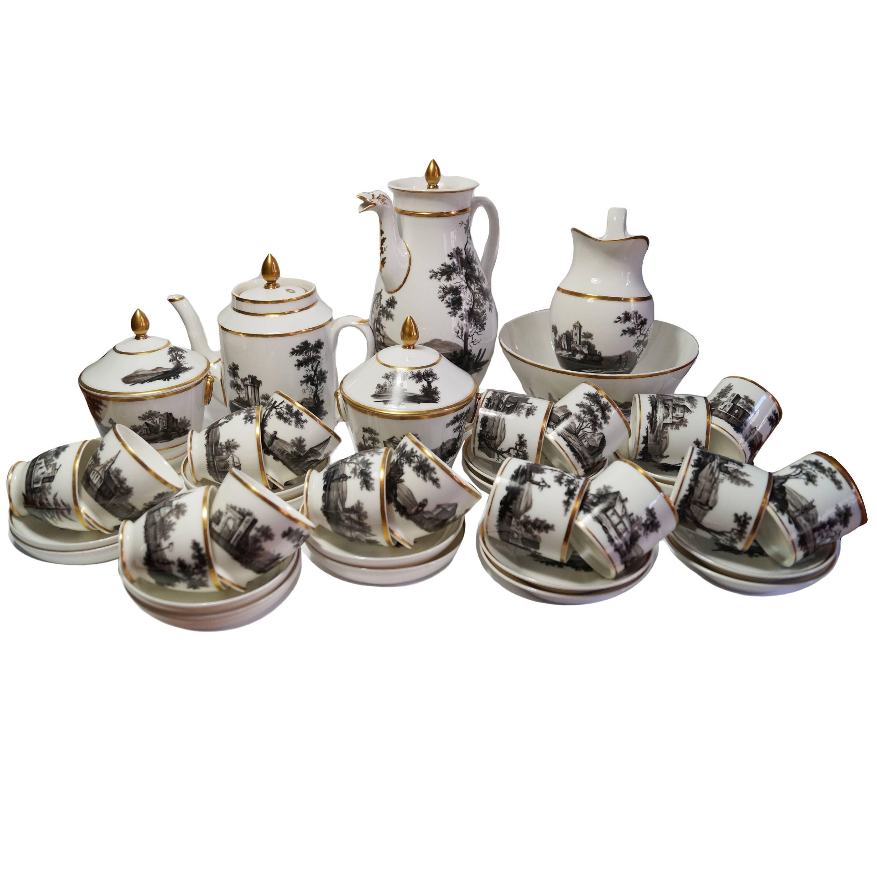 Hand-Painted Black and Sepia 'Old Paris' Porcelain Coffee and Tea Service