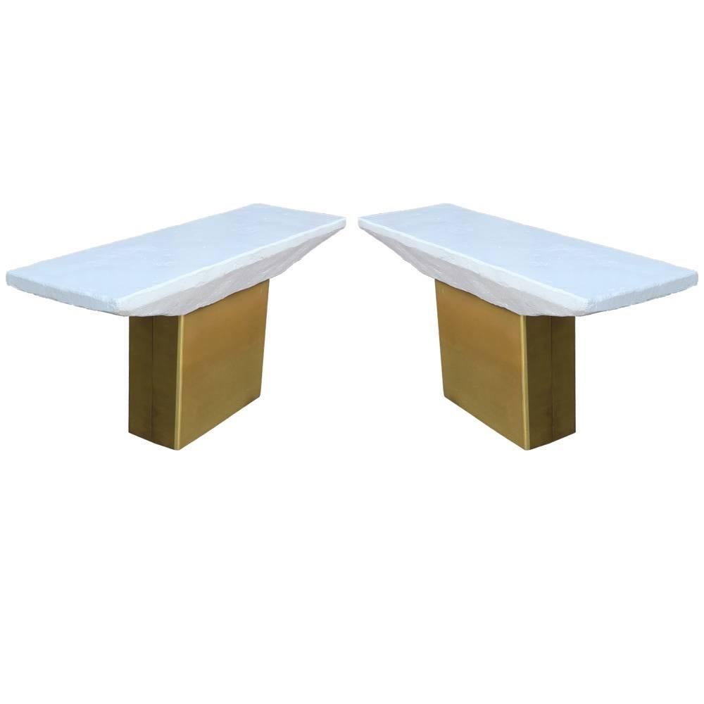 Glamorous Pair of Consoles with Brushed Brass Bases