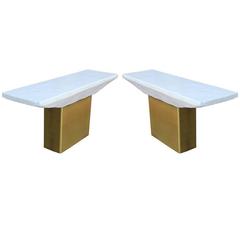 Glamorous Pair of Consoles with Brushed Brass Bases