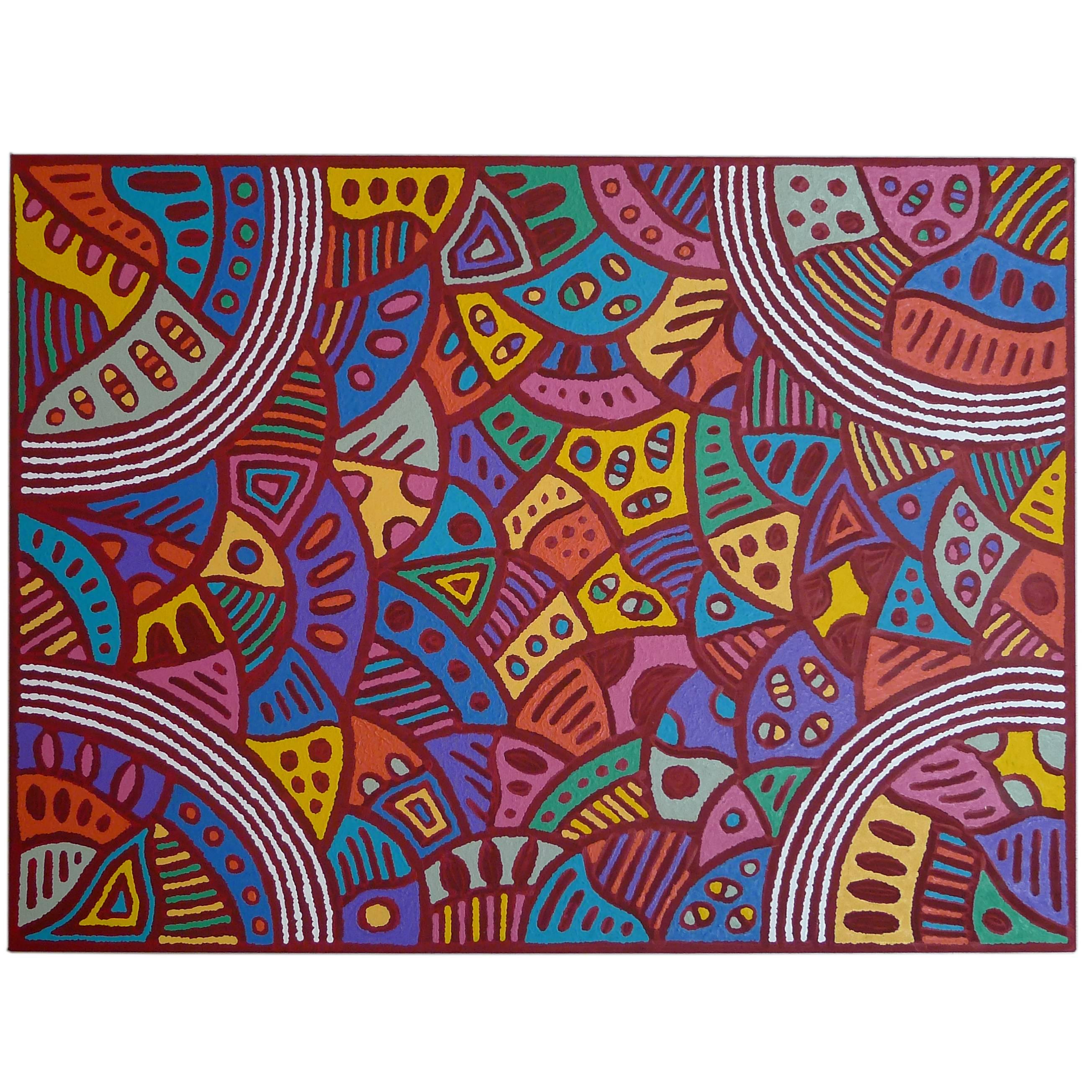Multicoloured Australian Aboriginal Painting with Bold Graphic Lines