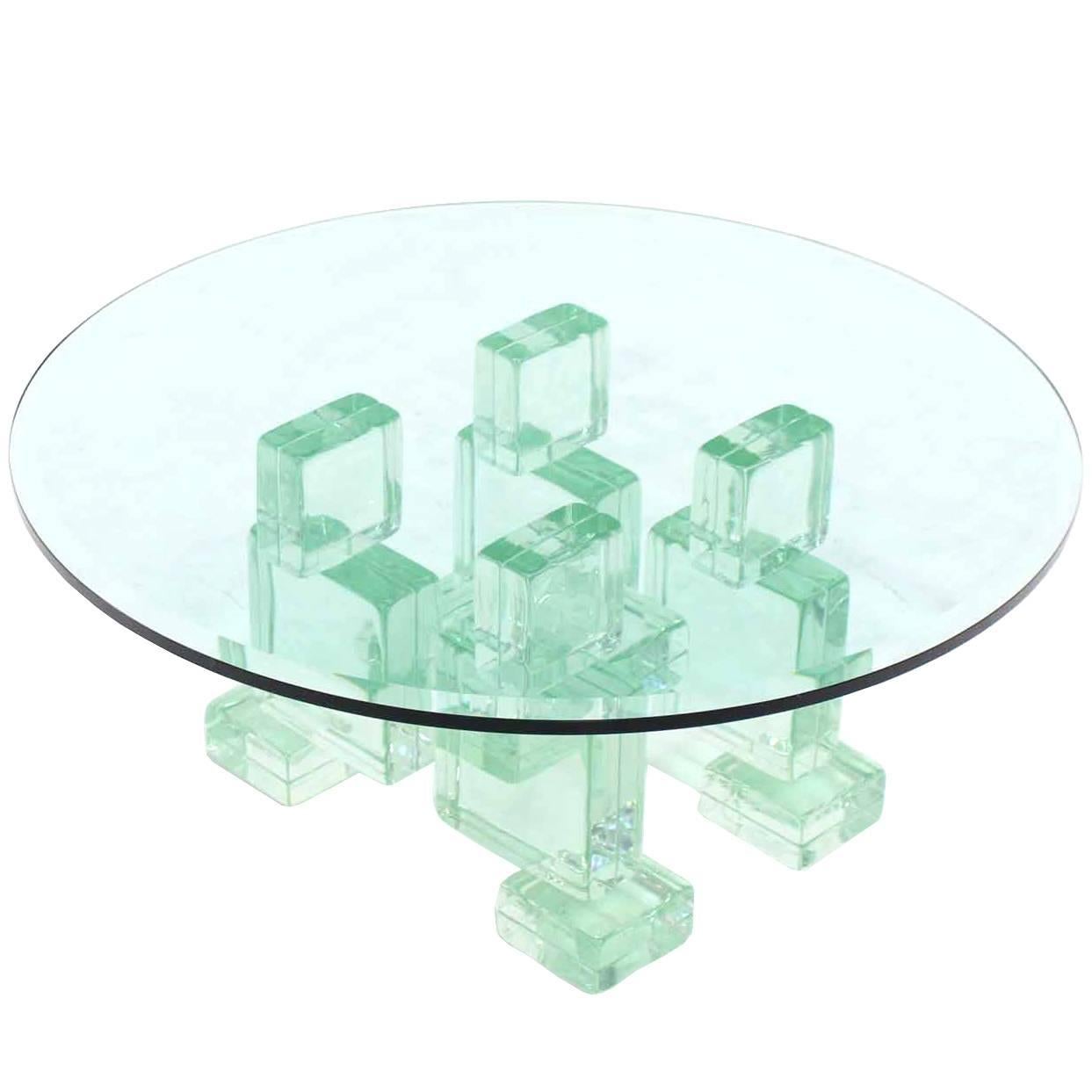 Thick Heavy Solid Glass Blocks Glass Top Coffee Table For Sale