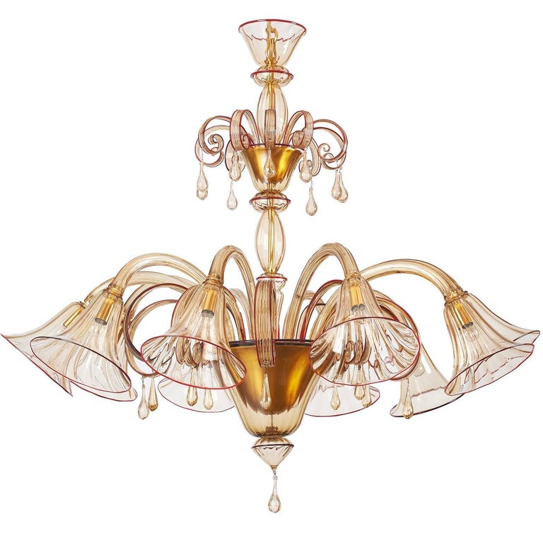 Magnificent Murano Blown Glass Chandelier by Venini with Red Accent, 1920s For Sale