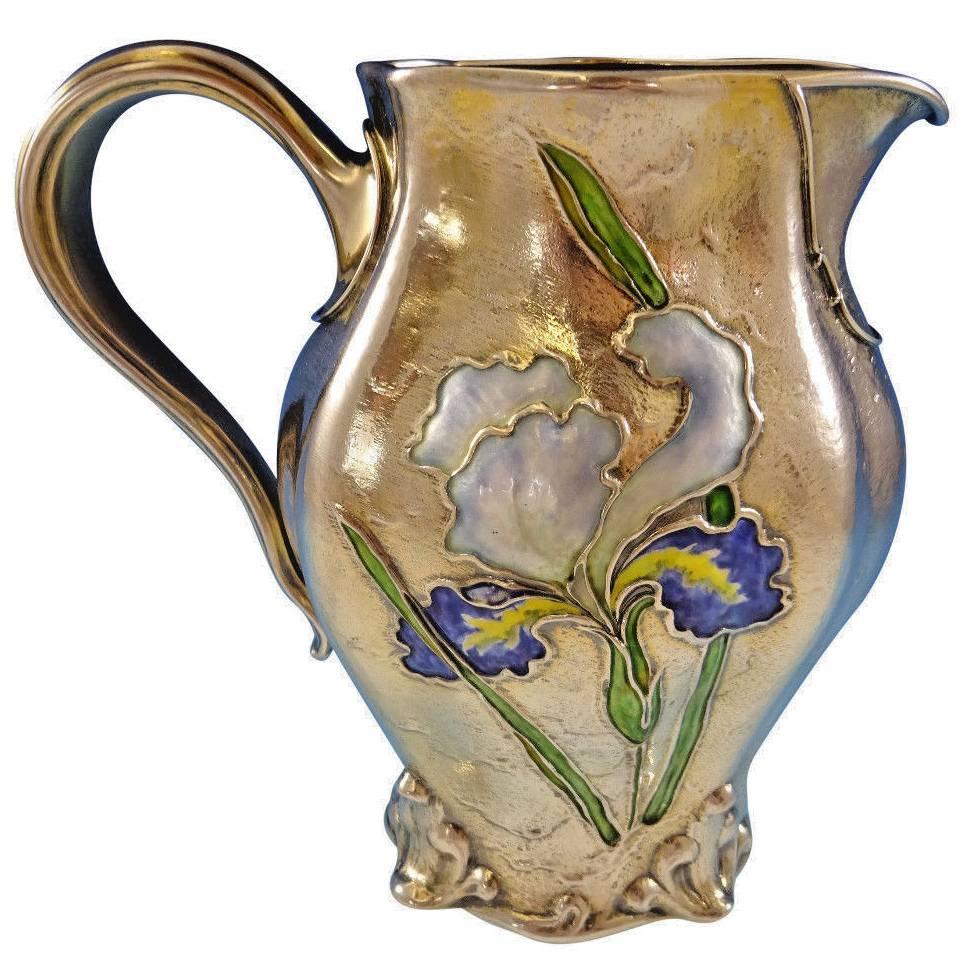 Gorham Enameled Rare Sterling Silver Water Pitcher with Iris, Dated 1897 Antique