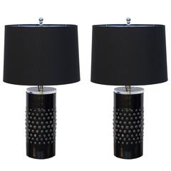 Pair of Unusual Textured Glass Cylinder Lamps with Custom Shades 4