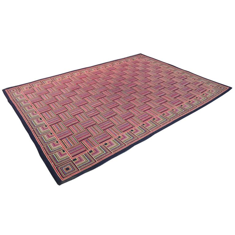 Large Multicolored Rug with Basket Weave Pattern at 1stdibs