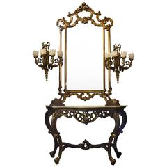 Large Ornate Louis XV Style Antique Gold Gilded Console and Mirror