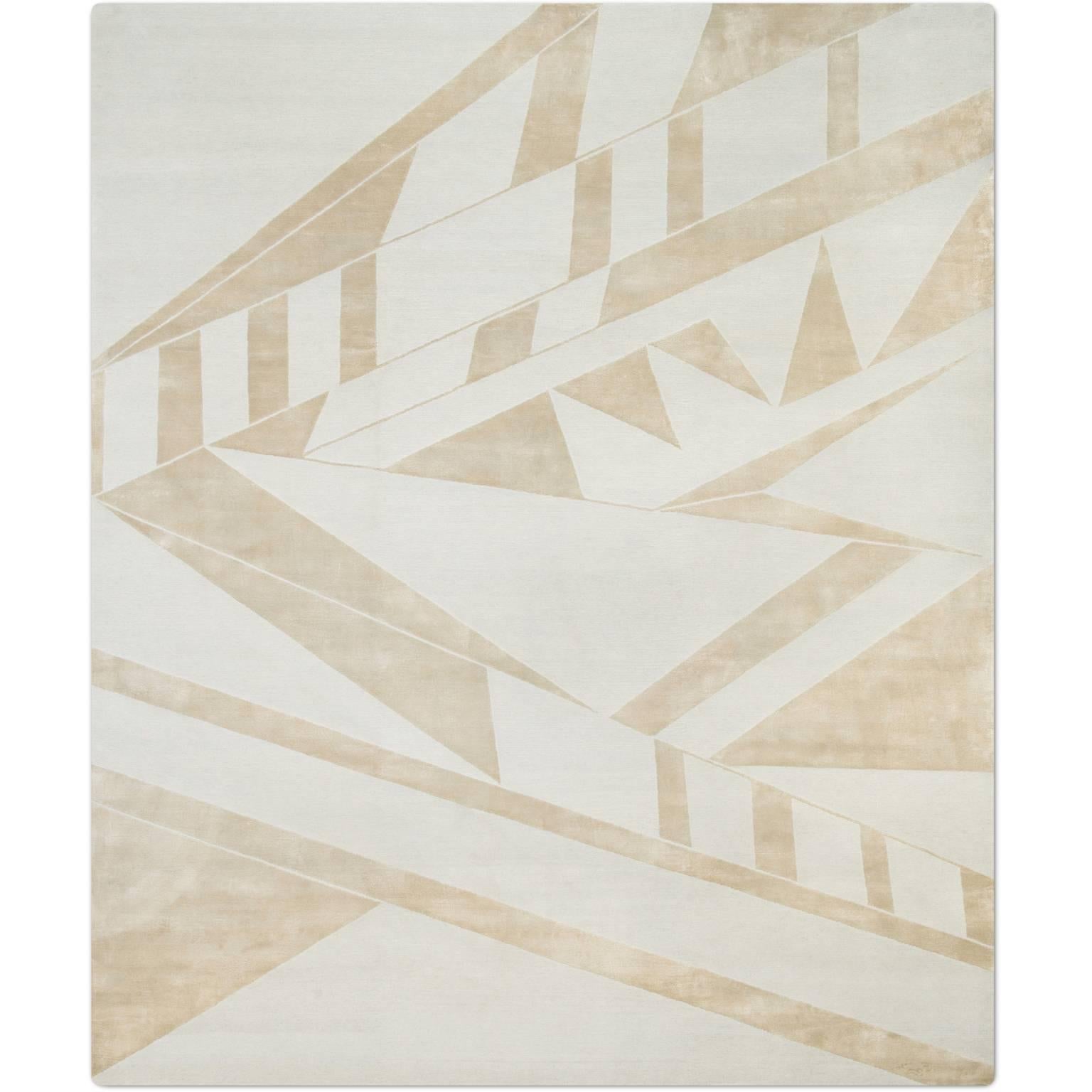 'Deco_Silver Blue' Hand-Knotted Tibetan Contemporary Geometric Rug Wool & Silk For Sale