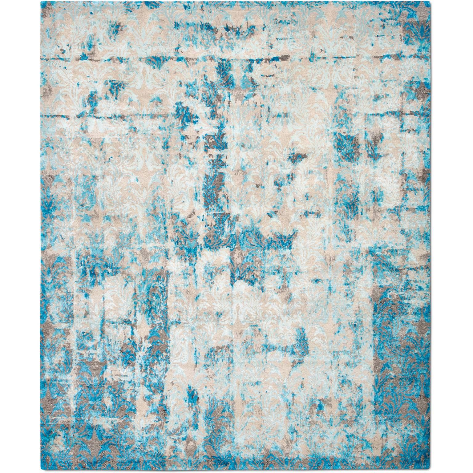 'Cover_Cobalt' Hand-Knotted Tibetan Contemporary Abstract Rug Wool & Silk For Sale