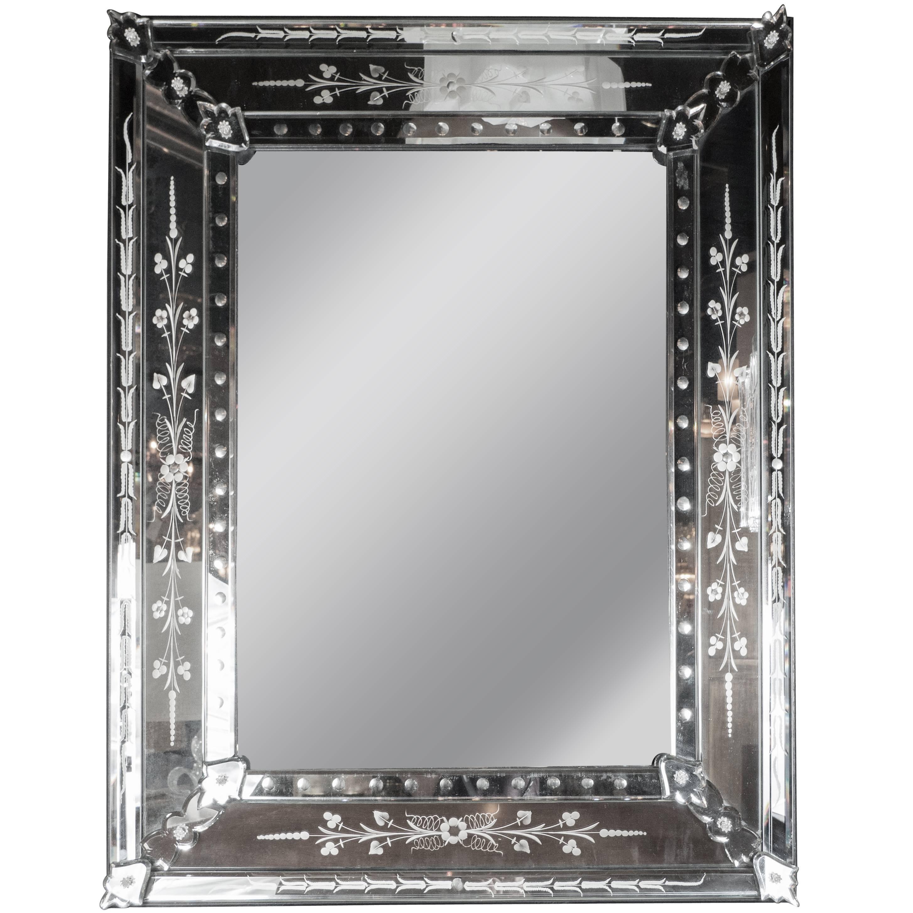 1940s Hollywood Style Venetian Mirror with Reverse Etched Detailing