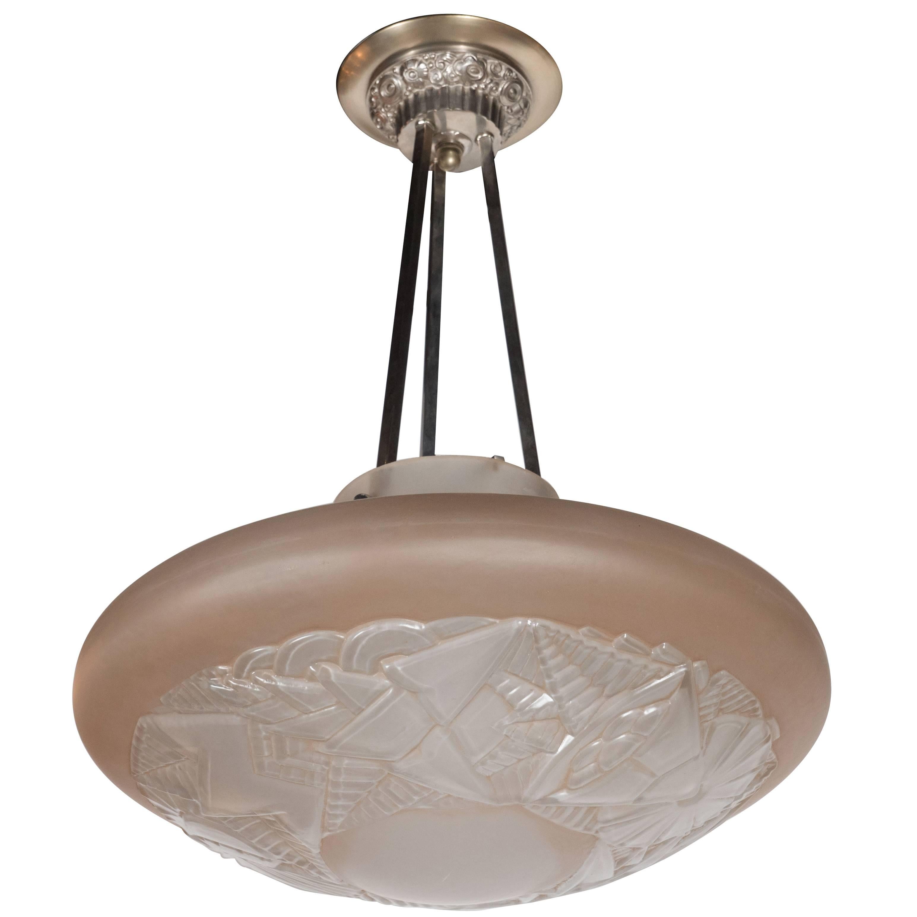 French Art Deco Dome Chandelier in Frosted Rose Glass with Geometric Stylings