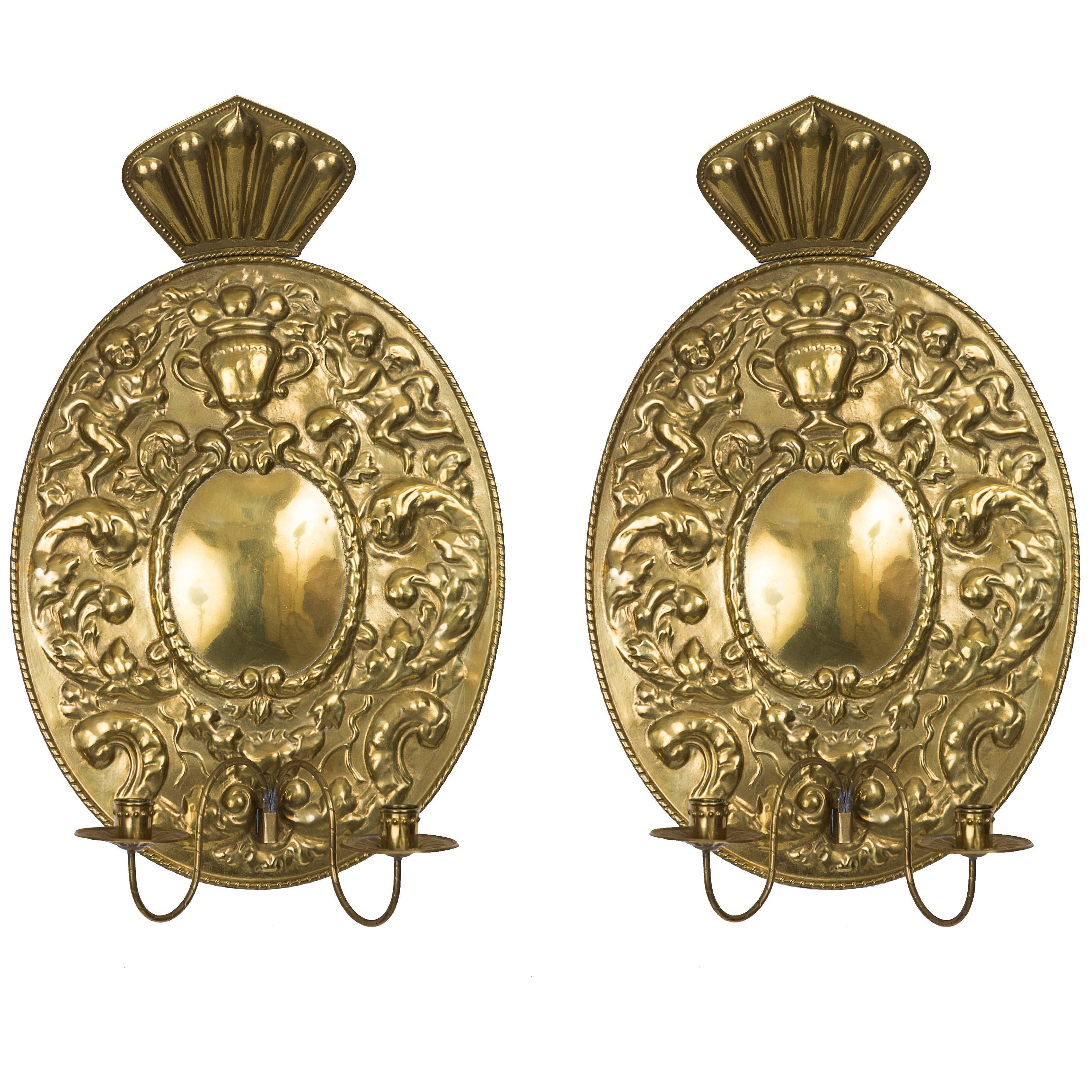 Pair of Dutch Baroque Style Brass Sconces
