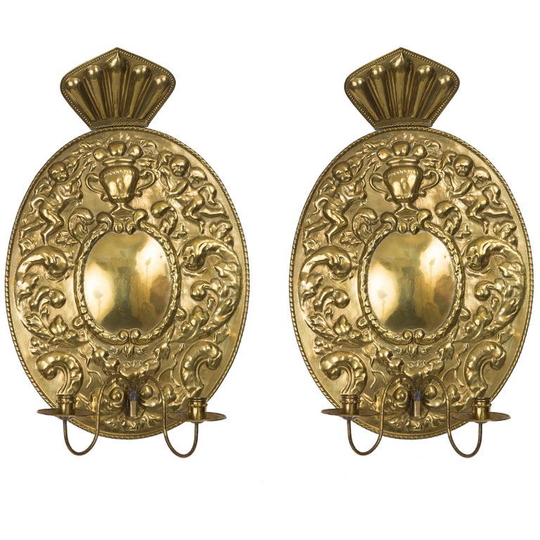 Pair of Dutch Baroque Style Brass Sconces For Sale