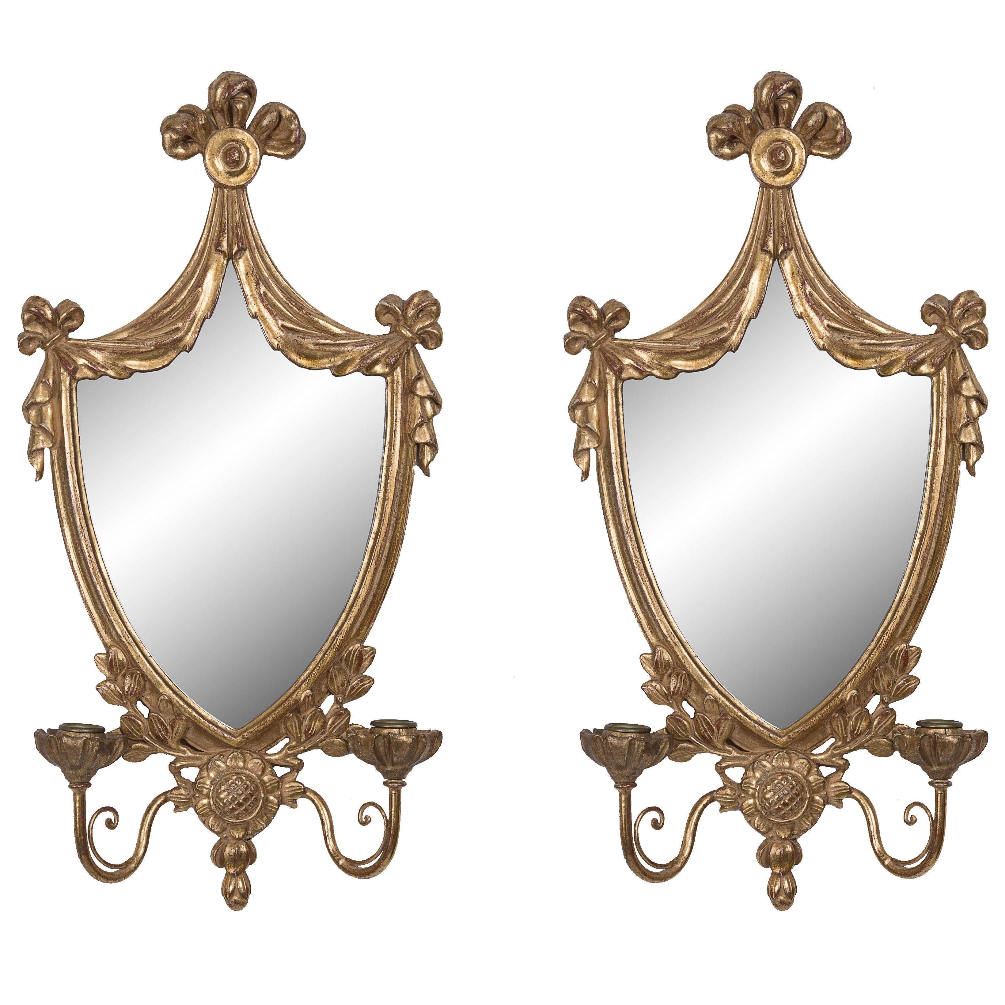 Pair of Adams Style Carved Giltwood Mirrored Sconces For Sale