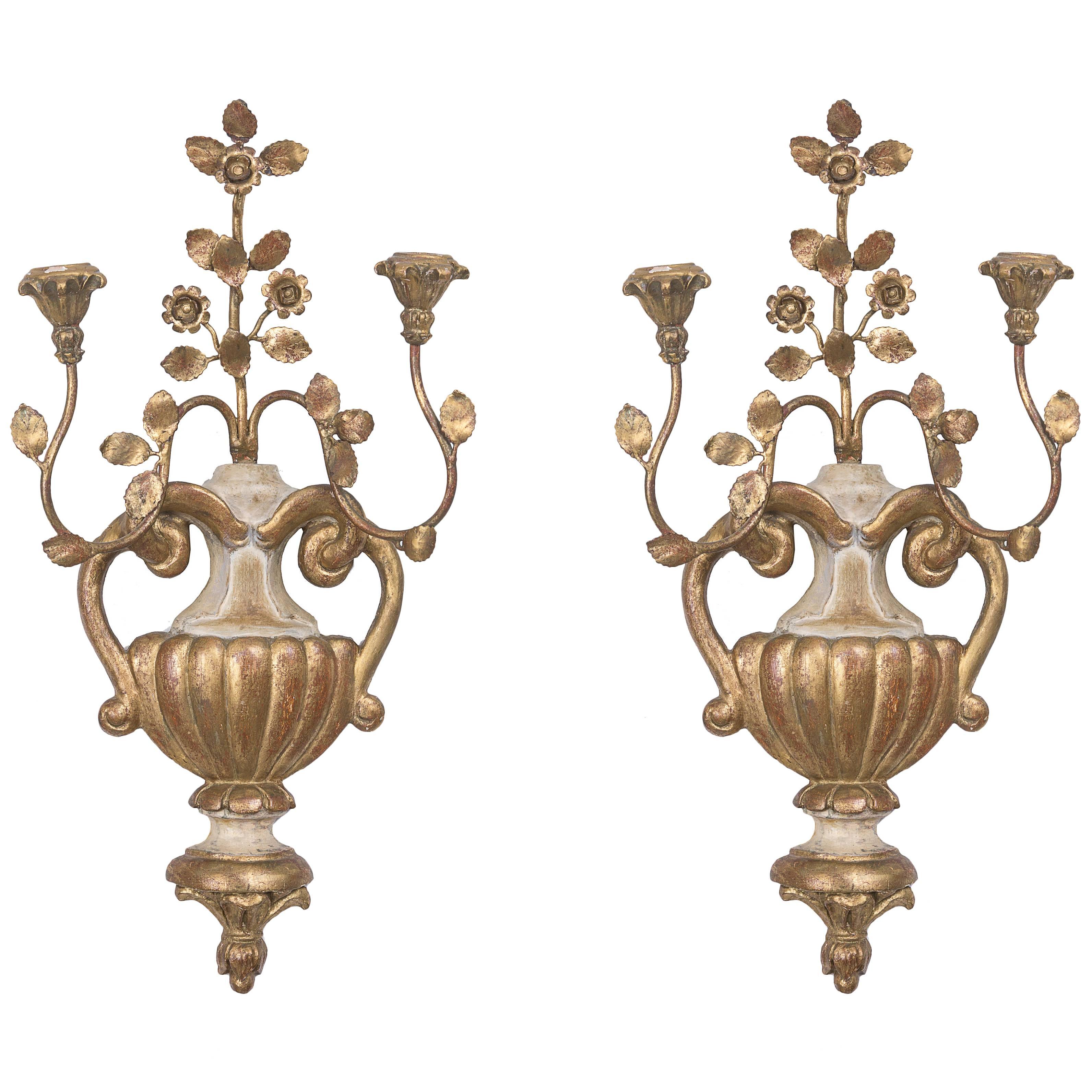 Pair of Palladio Style Cream and Gilt Sconces For Sale