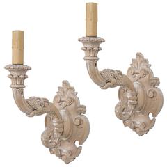 Pair of Italian Hand-Carved Beechwood Electrified Sconces 10