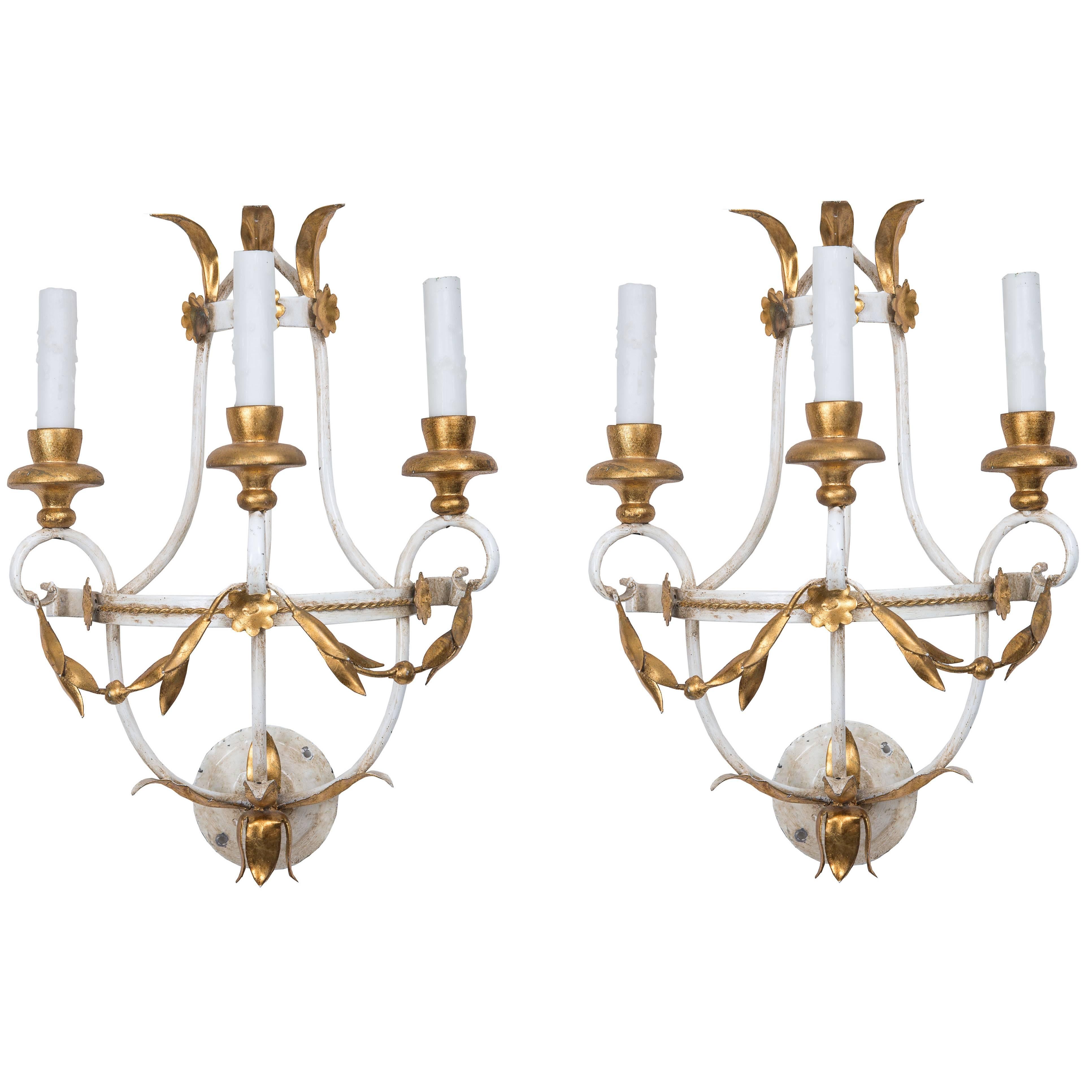 Pair of Mid-Century Swedish White Painted and Parcel-Gilt Electrified Sconces