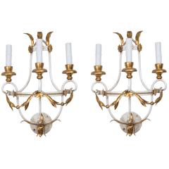 Vintage Pair of Mid-Century Swedish White Painted and Parcel-Gilt Electrified Sconces