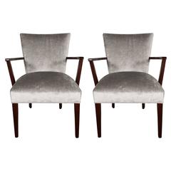 Vintage Art Deco Pair of Armchairs in Platinum Velvet with Mahogany Arms/Tapered Feet