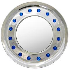 Italian Pair of Modern Chromed Round Mirrors with Jewel Like Blue Glass Spikes 8