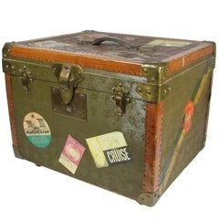 Antique Rare Small Au Touriste Leather and Canvas Hatbox Trunk